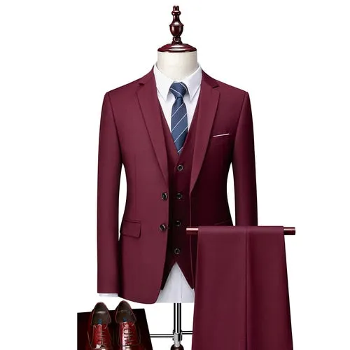 3 Piece ( Jacket   Vest   Pants ) Boutique Pure Color Mens Business Suit Three-piece and Two-piece Groom Wedding Formal Wear