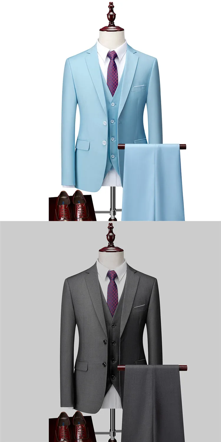 3 Piece ( Jacket   Vest   Pants ) Boutique Pure Color Mens Business Suit Three-piece and Two-piece Groom Wedding Formal Wear