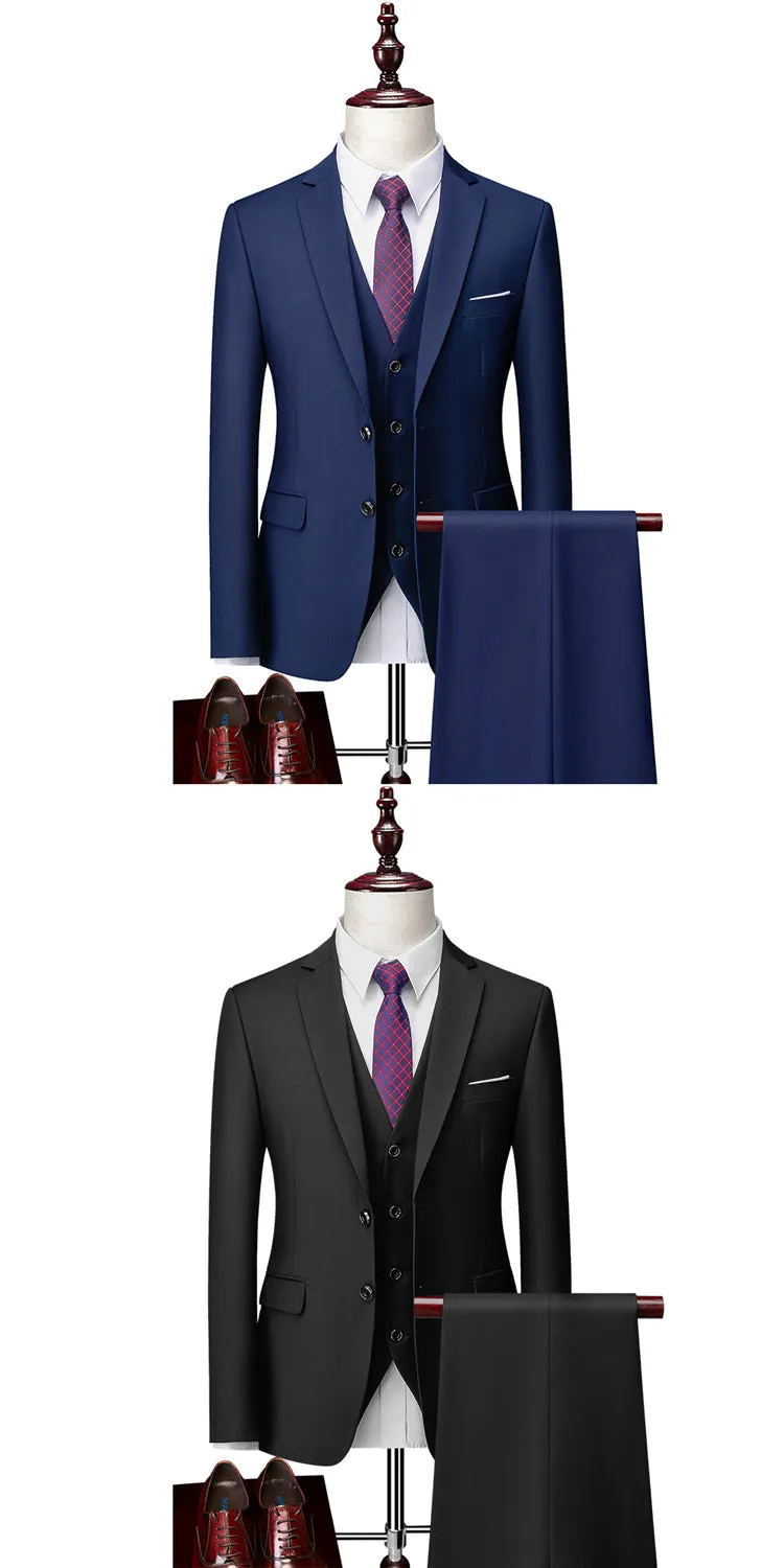 3 Piece ( Jacket   Vest   Pants ) Boutique Pure Color Mens Business Suit Three-piece and Two-piece Groom Wedding Formal Wear