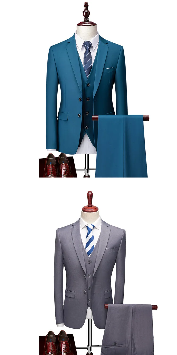 3 Piece ( Jacket   Vest   Pants ) Boutique Pure Color Mens Business Suit Three-piece and Two-piece Groom Wedding Formal Wear