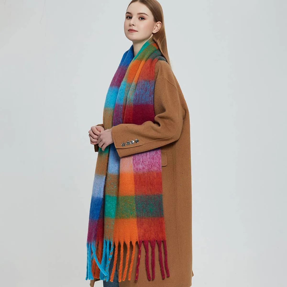 Accity | PLAID PATTERN FRINGE TRIM WINTER SCARF: YELLOW/BLUE