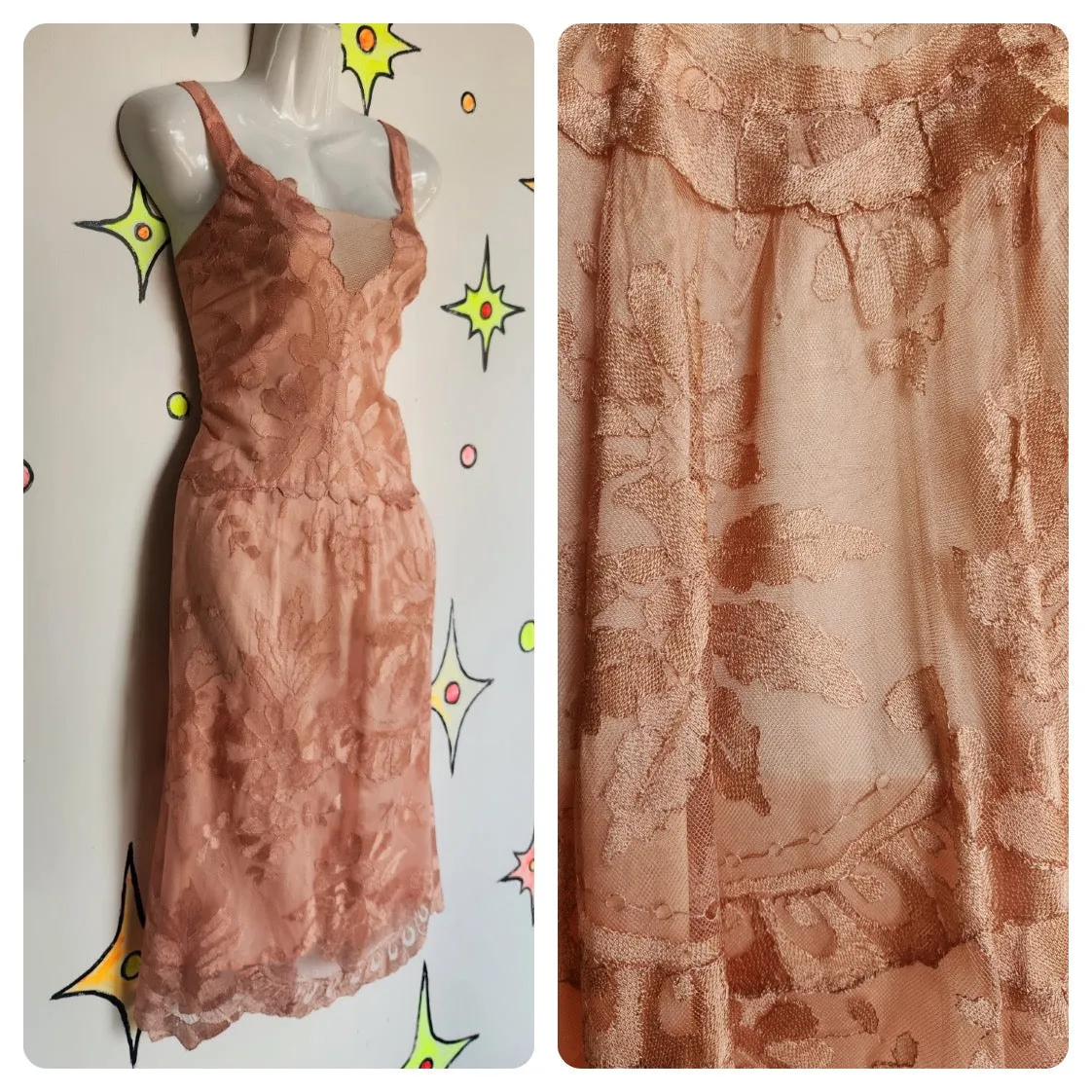 Antique Early 1900s 20s 30s | Pink Fairy Grunge Lace Slip Dress | Size Small 4