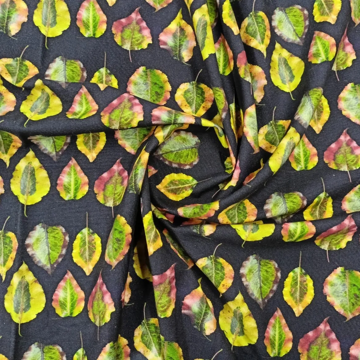 Black & yellow Leaf Print Cotton Linen Fabric