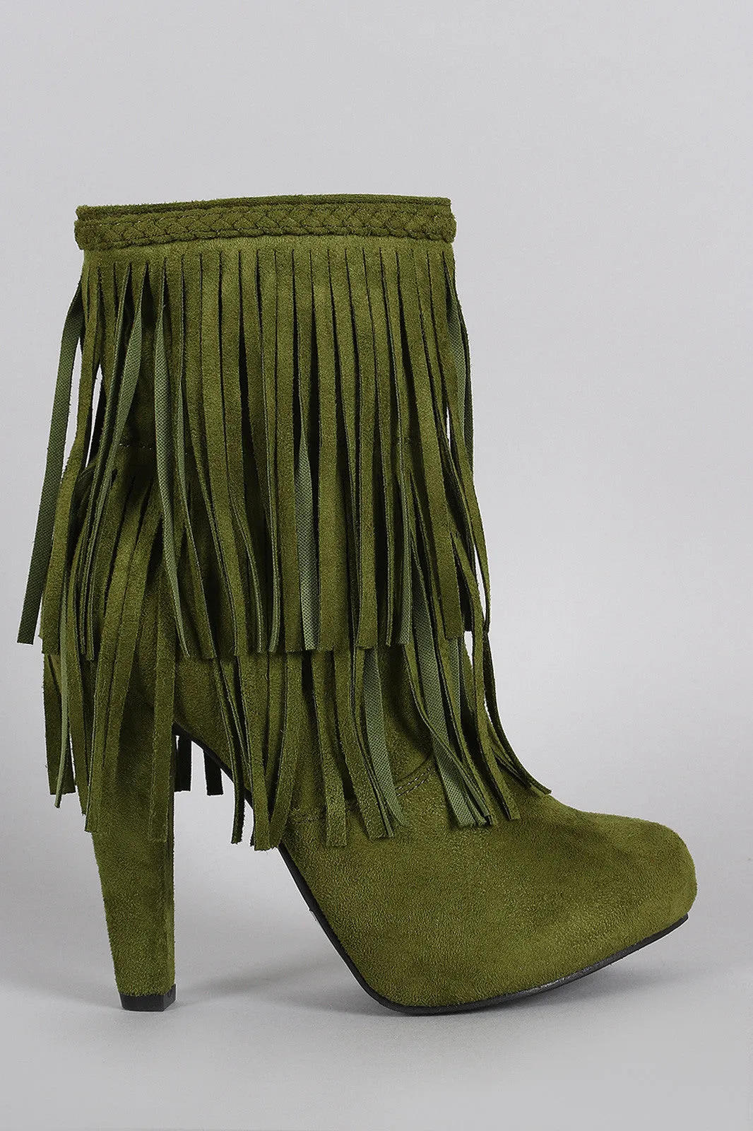 Breckelle Braided Layered Fringe Almond Toe Heeled Booties