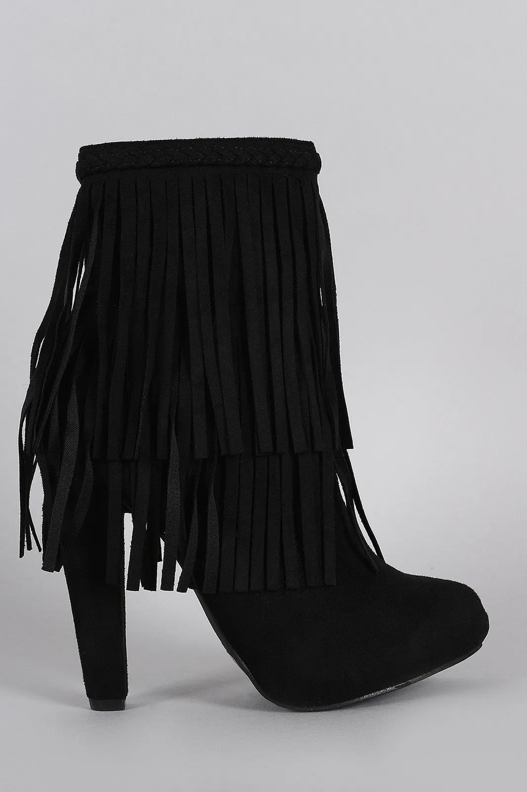 Breckelle Braided Layered Fringe Almond Toe Heeled Booties