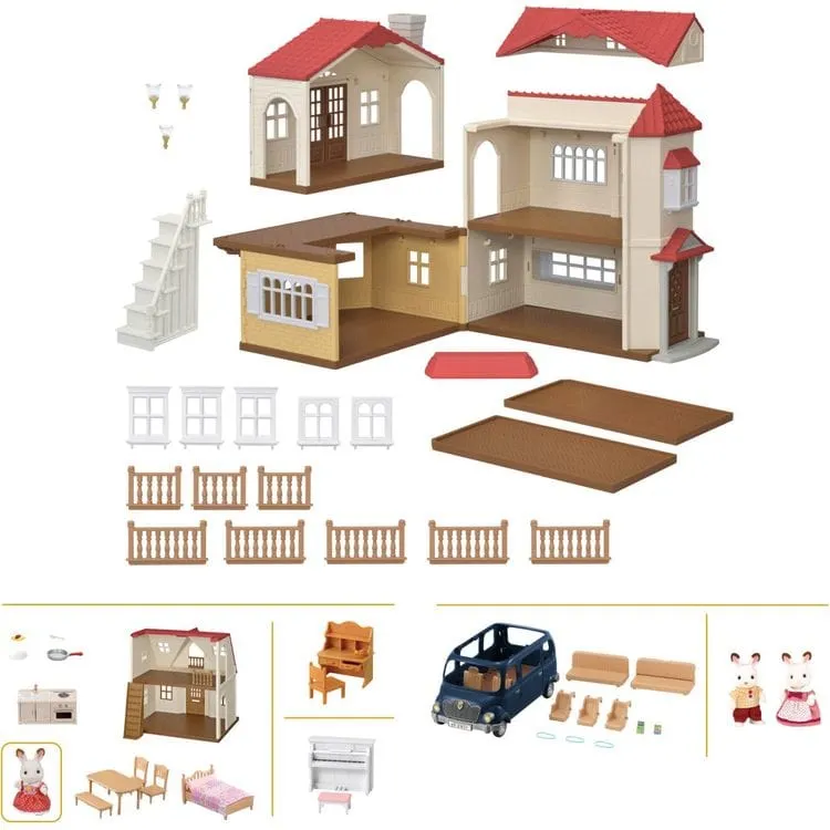 Calico Critters Red Roof Grand Mansion Dollhouse Playset with 3 Figures, Furniture, Vehicle and Accessories