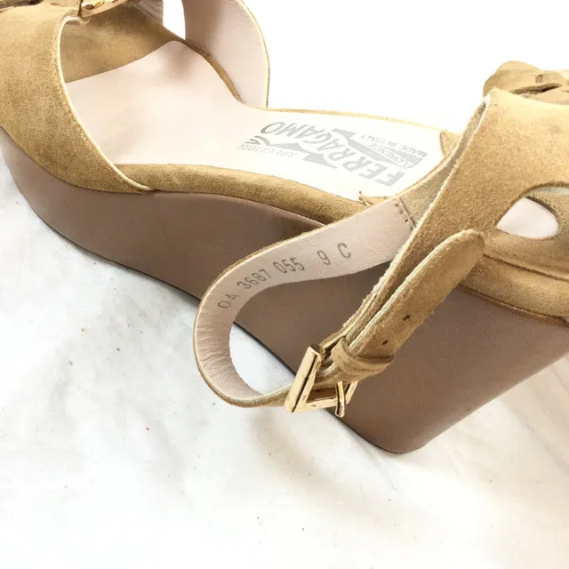 Ferragamo Suede Wedge Sandal. Size 9