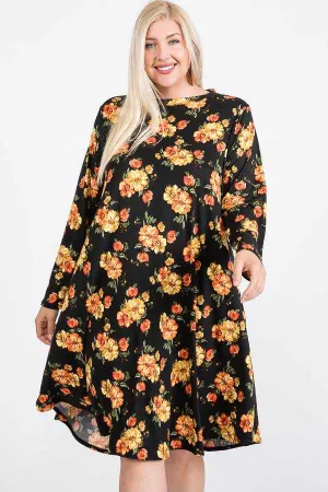 Floral Mock Neck Hidden Pocket Round Hem Midi Dress | Plus