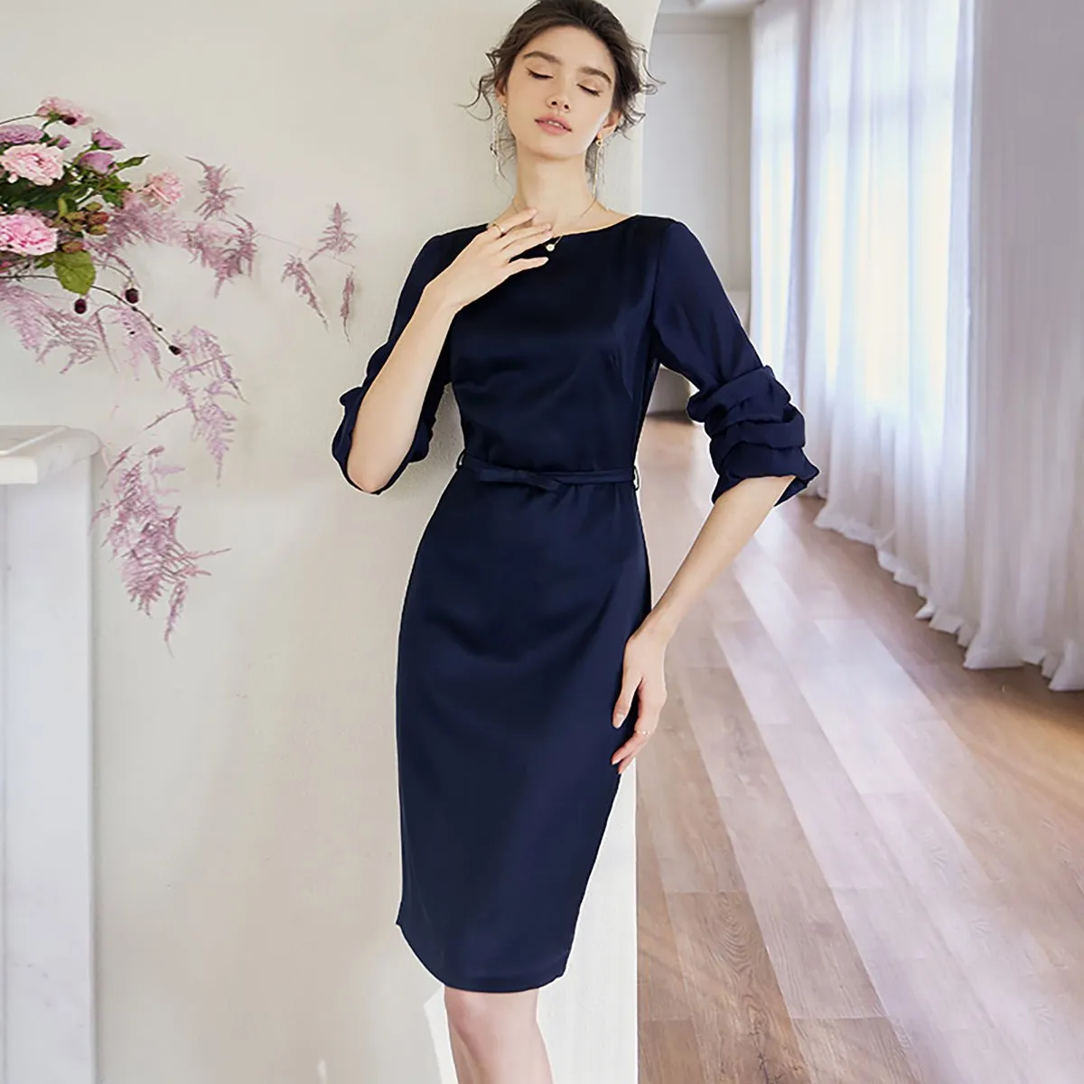 Formal Knee-Length Pencil Dress in Navy Blue