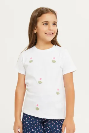 Girls White 3D Printed T-Shirt