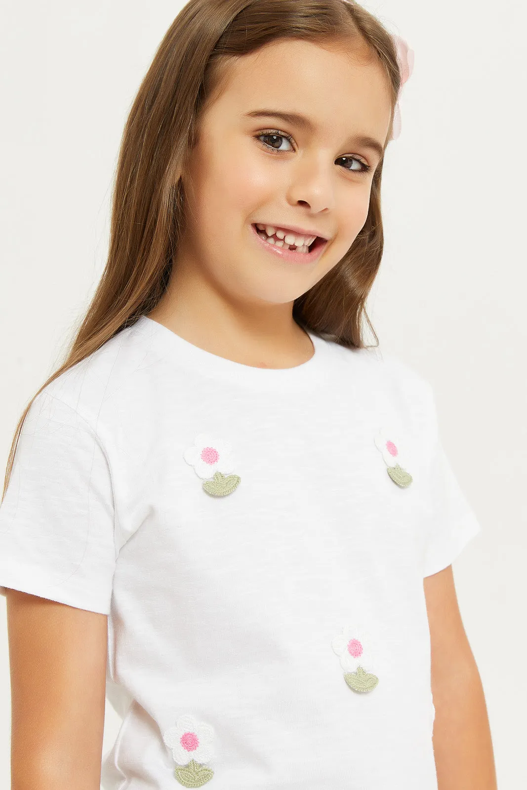 Girls White 3D Printed T-Shirt