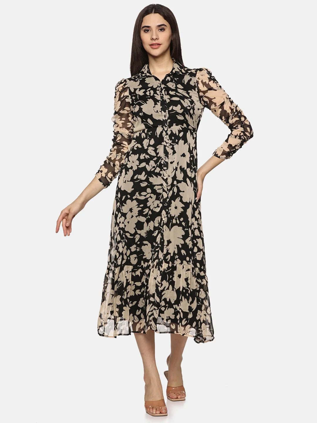 IS.U Floral Black Ruched Sleeve Midaxi Dress