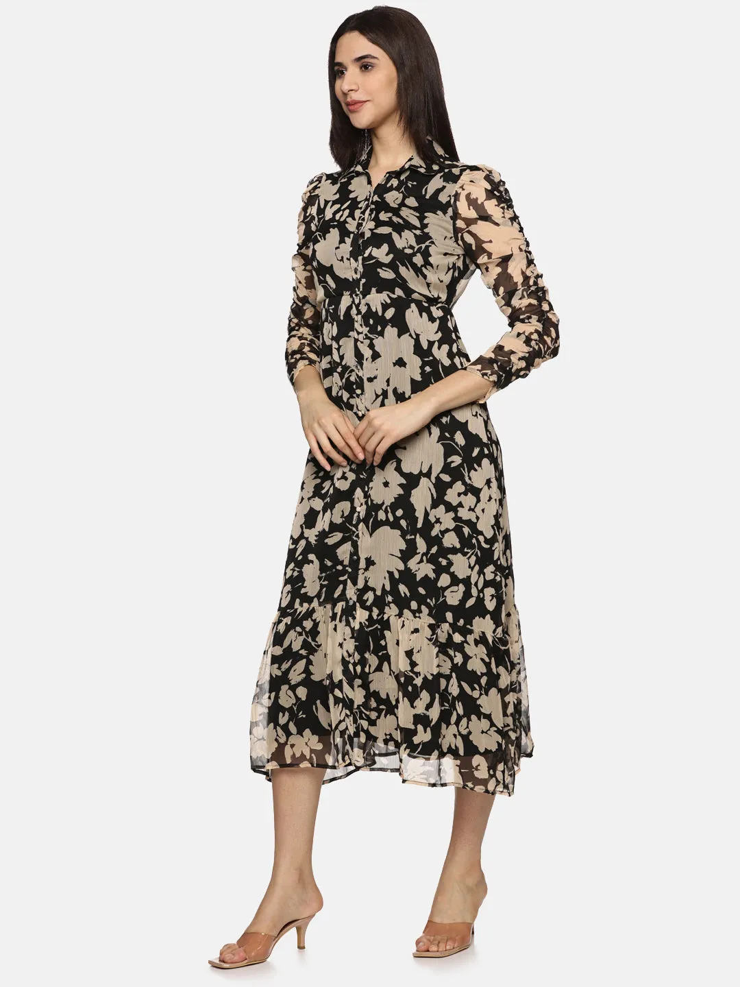 IS.U Floral Black Ruched Sleeve Midaxi Dress