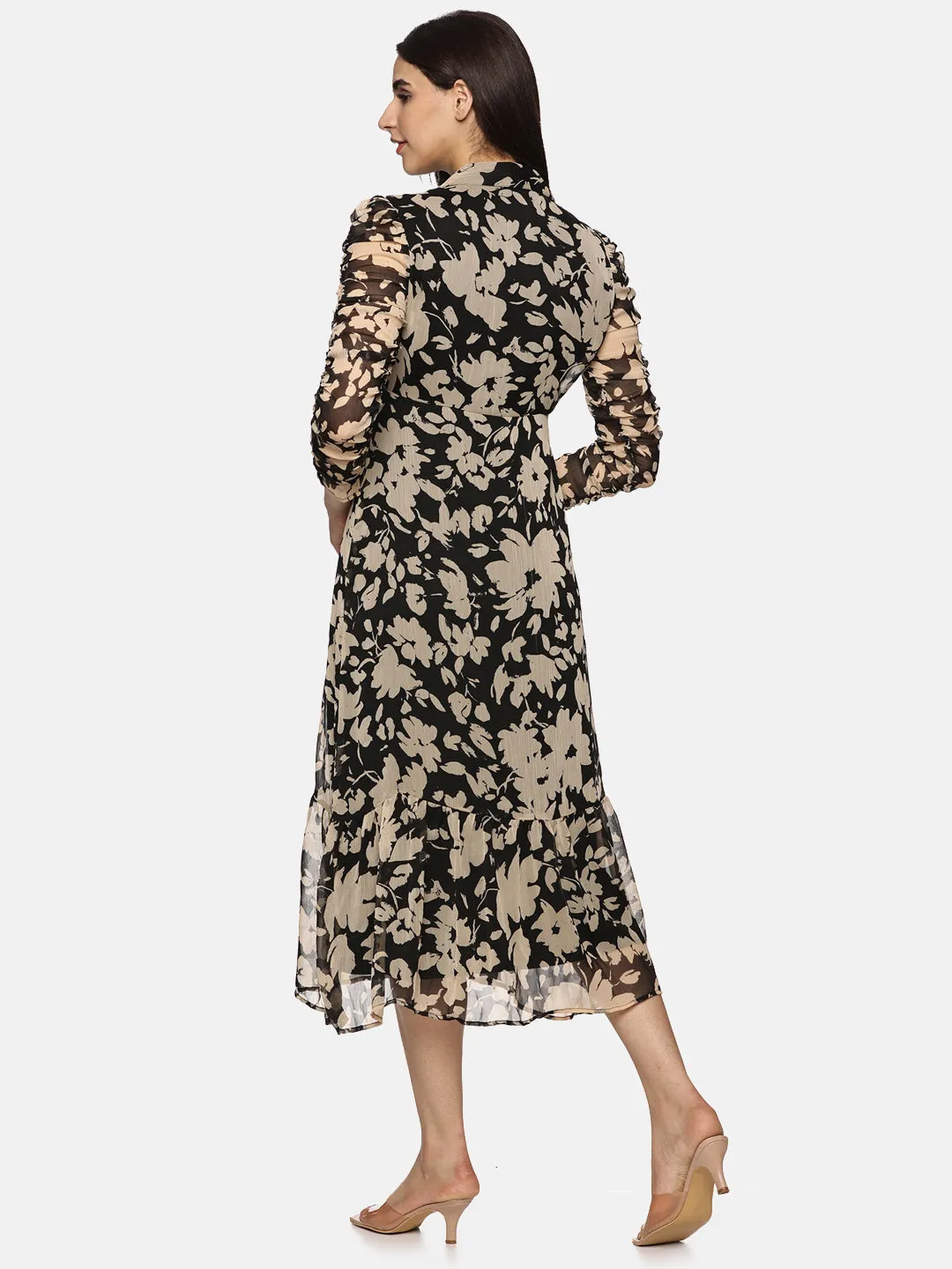 IS.U Floral Black Ruched Sleeve Midaxi Dress