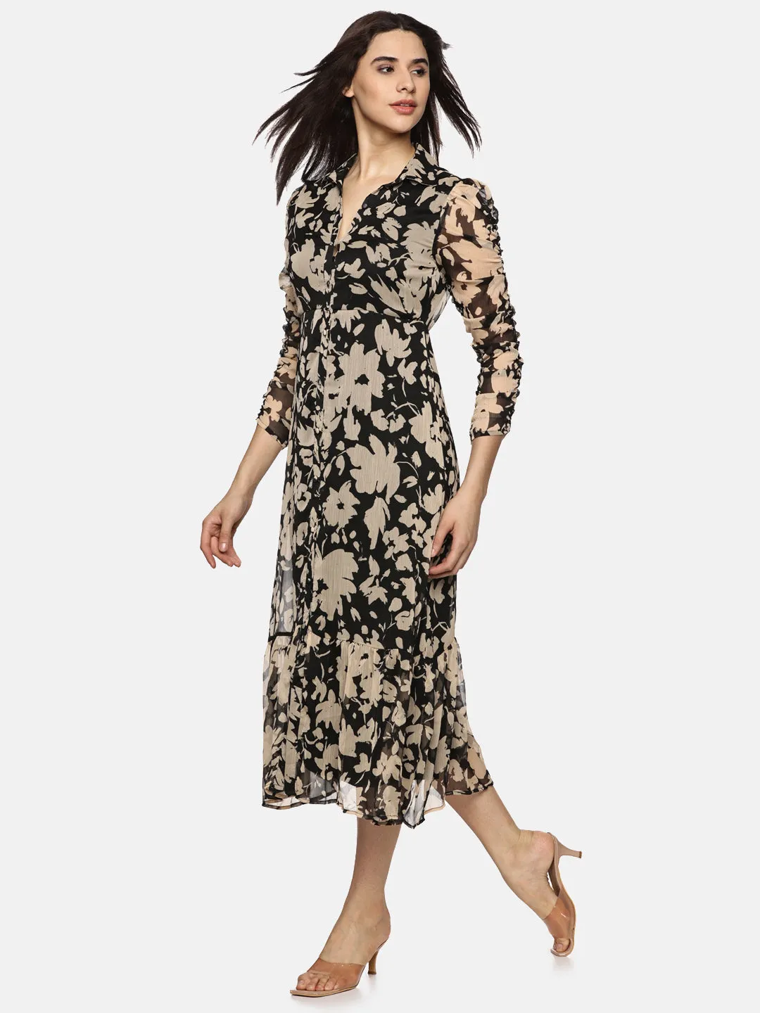 IS.U Floral Black Ruched Sleeve Midaxi Dress