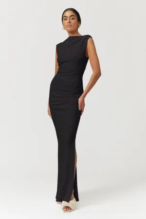 Jacqui Rouched Front Midi Dress  - Black