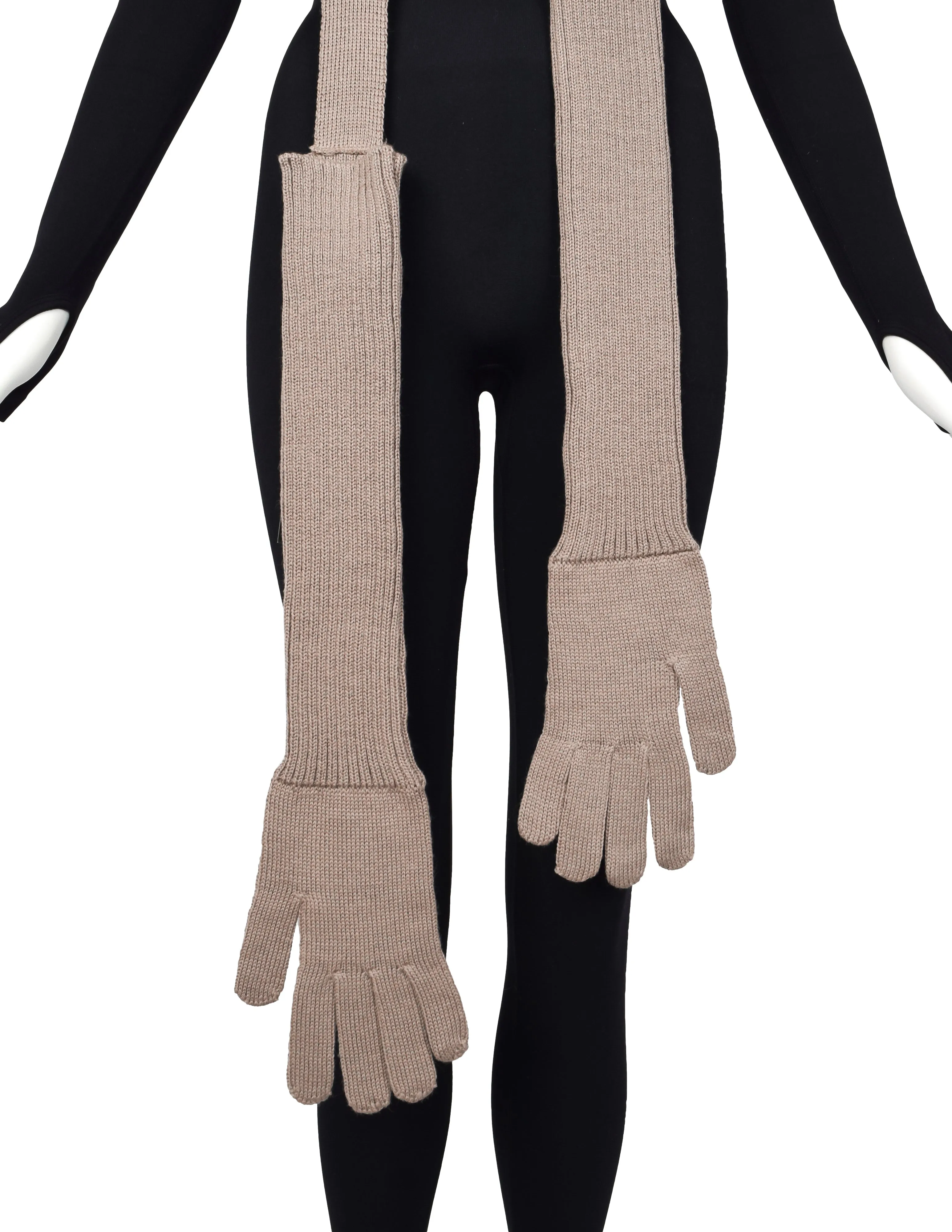 Jean Paul Gaultier Vintage AW 2000 Taupe Knit Attached Gloves