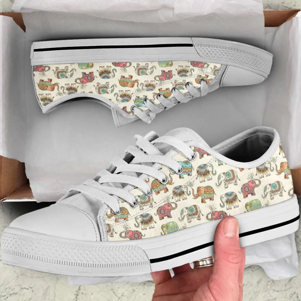 Lucky Elephant Patterns Vintage Low Top Canvas Print Shoes, Animal Print Canvas Shoes, Print On Canvas Shoes