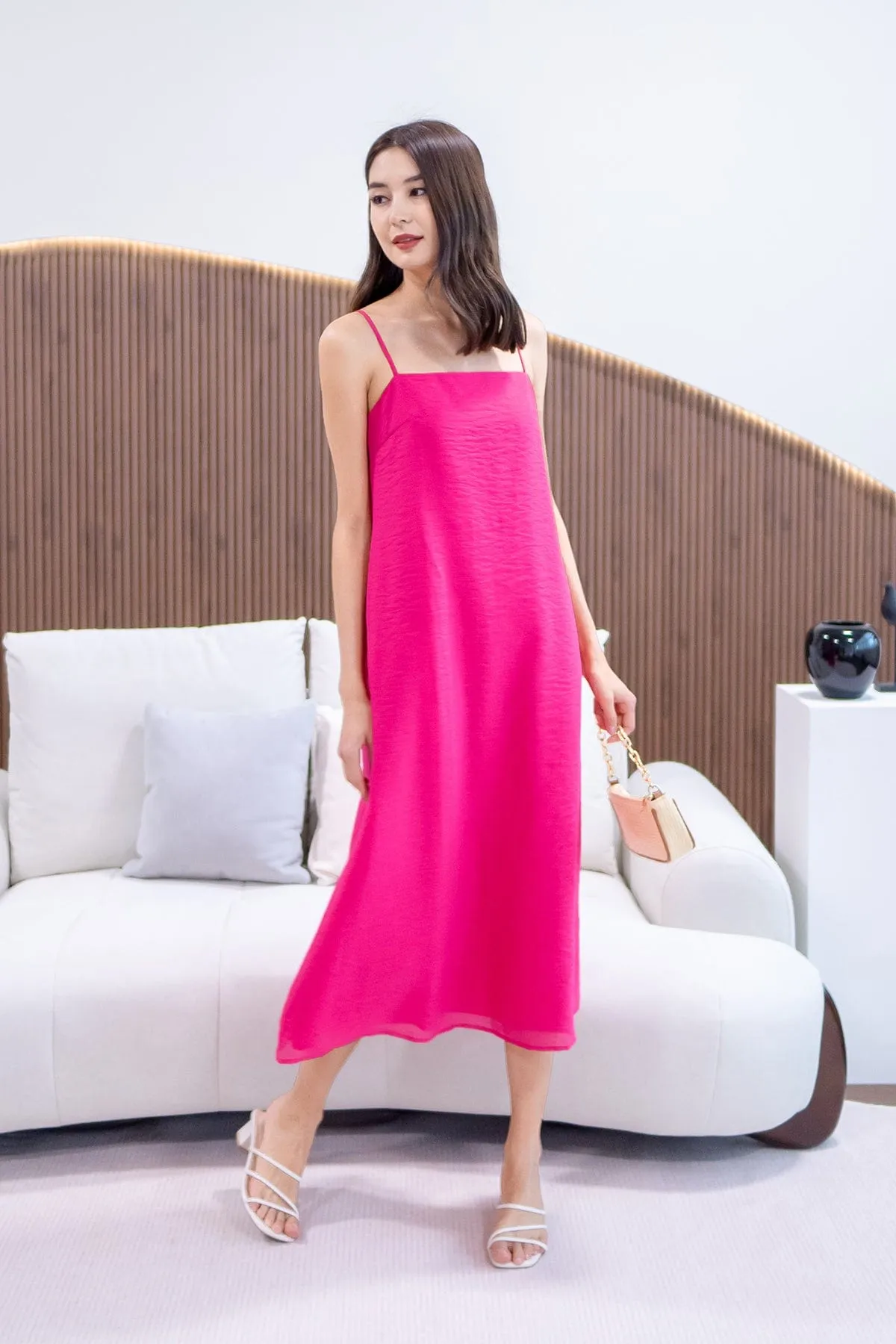 LYN SLIP MIDI DRESS IN BARBIE PINK