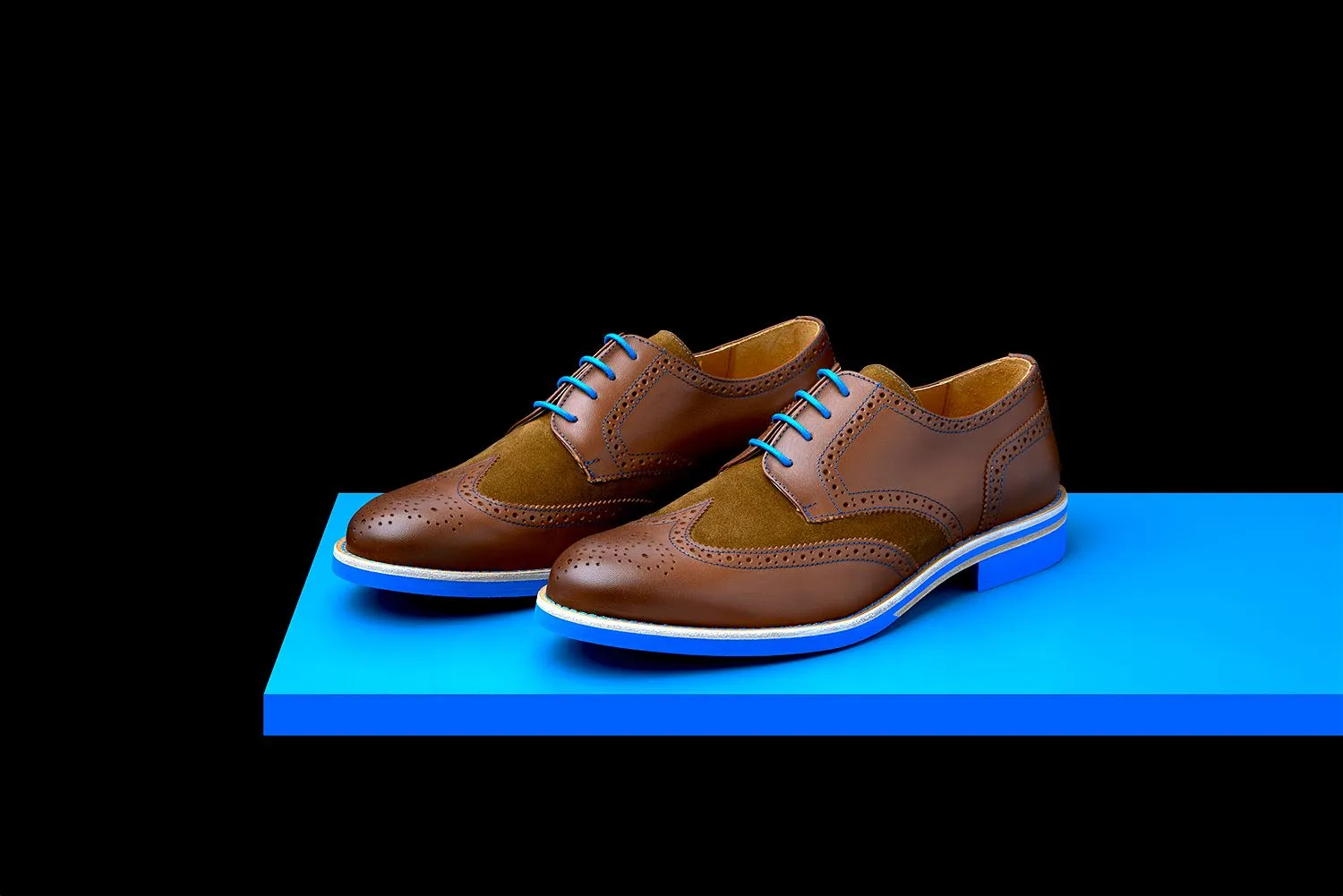 Mens Brown & Blue Leather Wingtip Dress Shoes