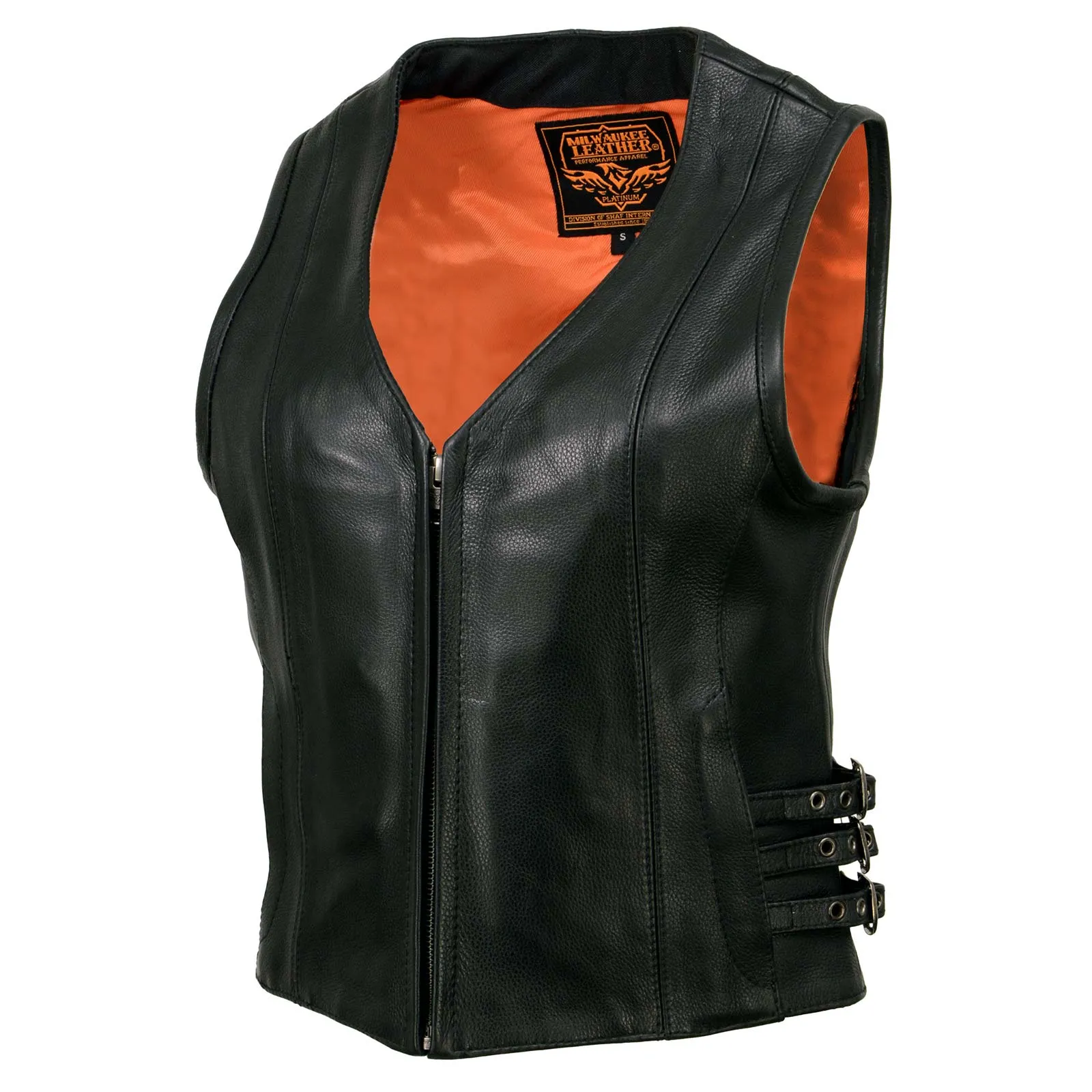 Milwaukee Leather MLL4510 Women's Black Naked Leather Side Buckle Motorcycle Rider Vest with Front Zip Closure