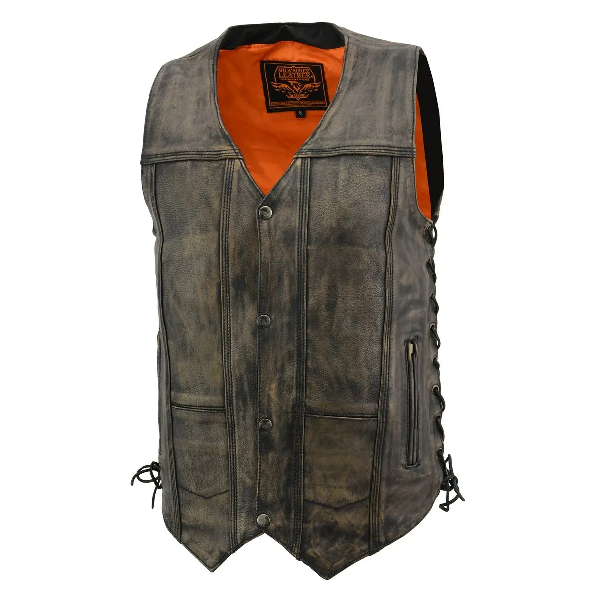 Milwaukee Leather MLM3540 Men's Roulette Distressed Brown 10 Pocket Motorcycle Leather Vest