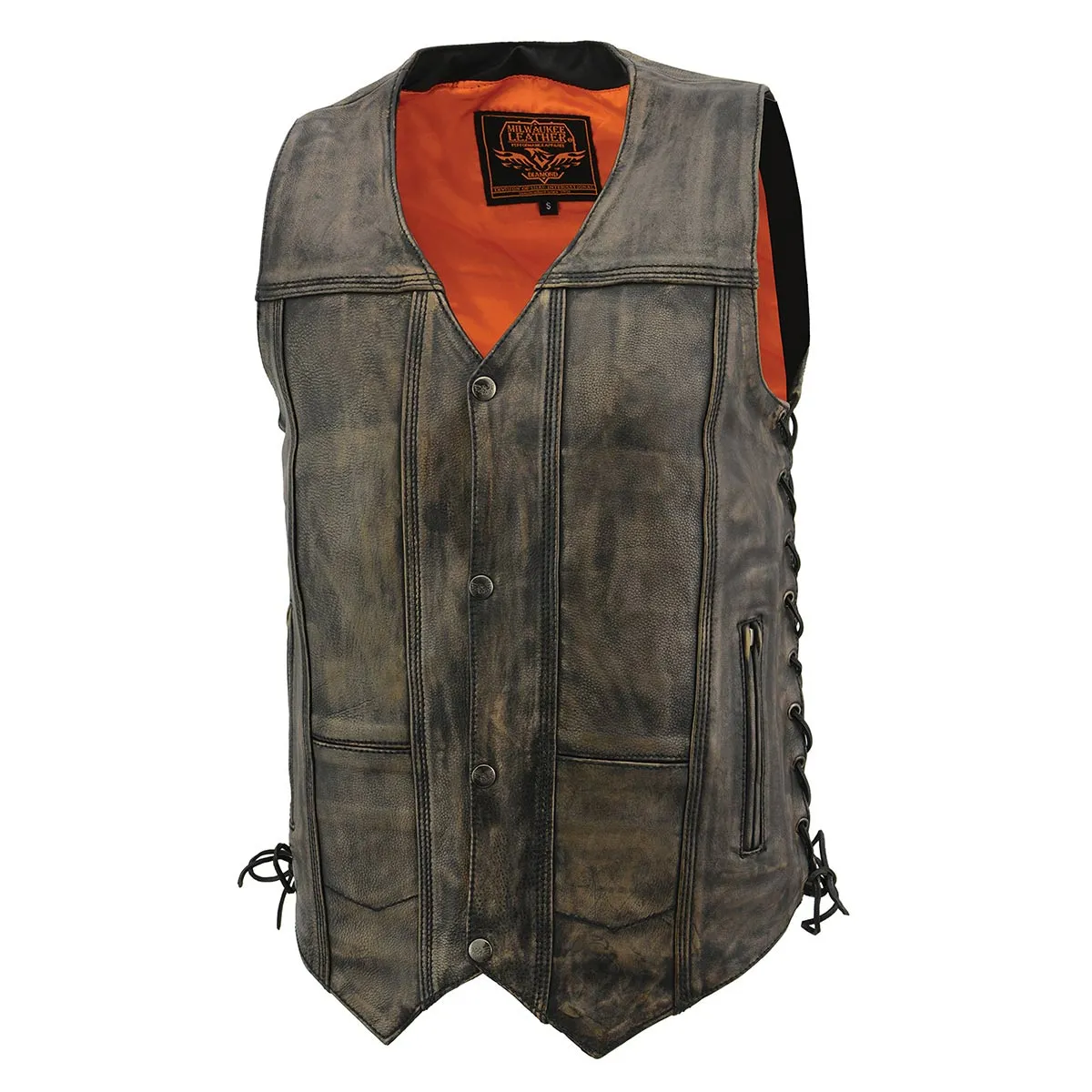 Milwaukee Leather MLM3540 Men's Roulette Distressed Brown 10 Pocket Motorcycle Leather Vest