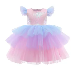 Mitsy - Girls Rainbow Unicorn Princess Dress - Pastel Rainbow  Dress