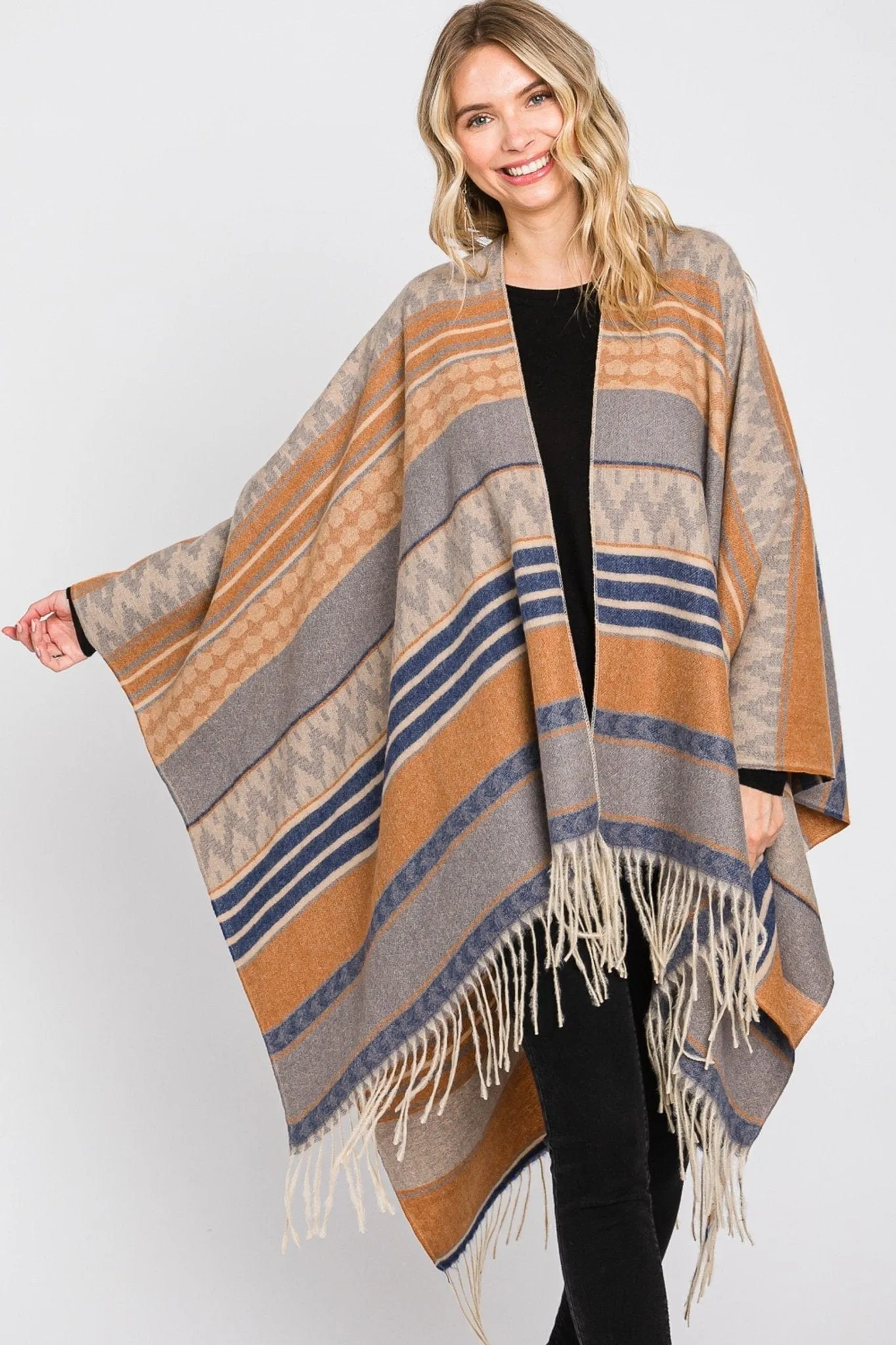 MS0312 Camila Aztec Print Fringe Ruana