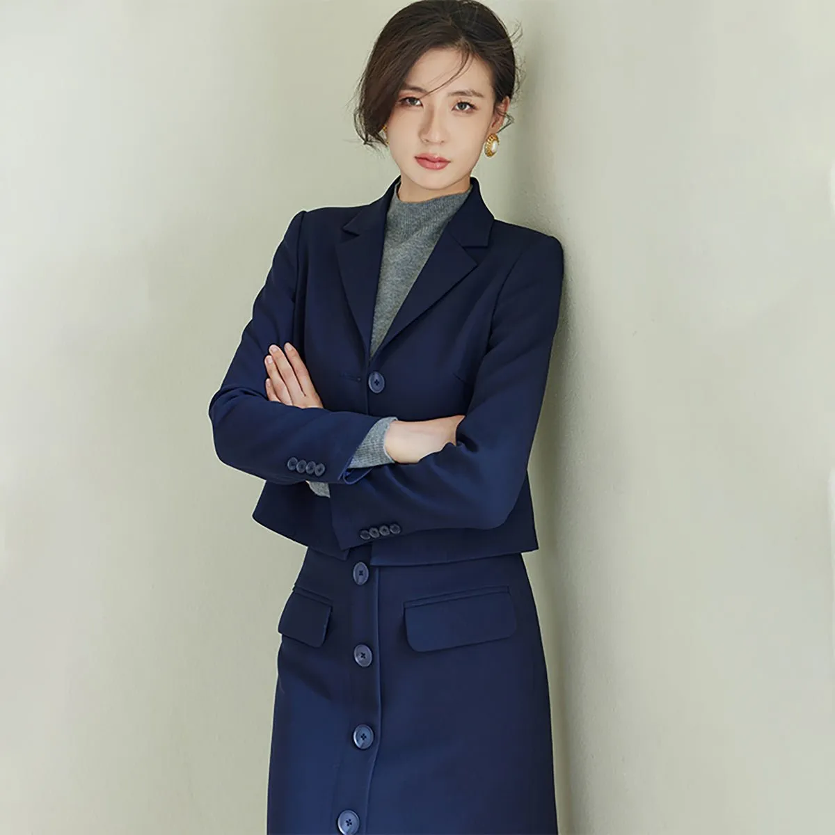 Navy Cropped Blazer and Long Skirt Set