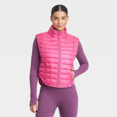 New - Women's Zipper Quilted Relaxed Puffer Vest Poplin Lightweight Stand Up Collar