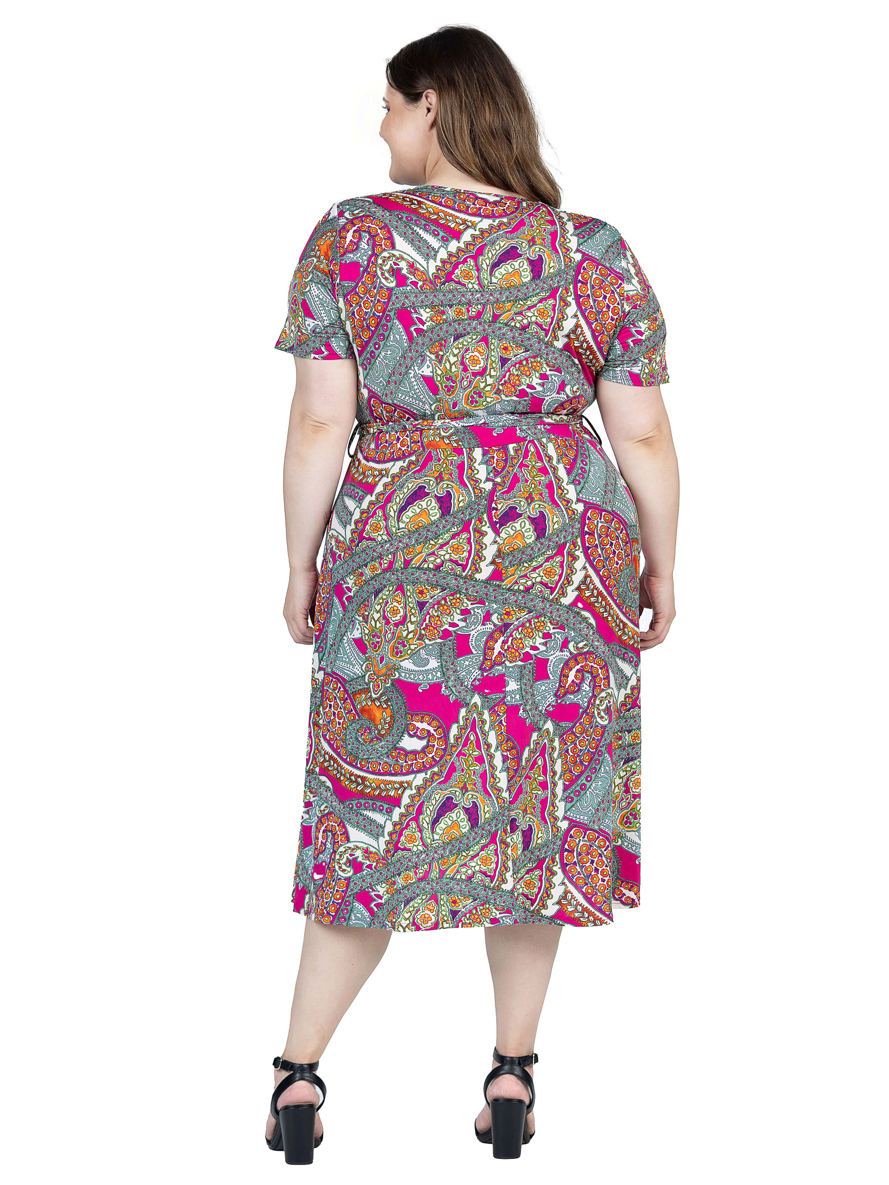 Plus Size Pink Paisley Short Sleeve Tie Waist Midi Dress