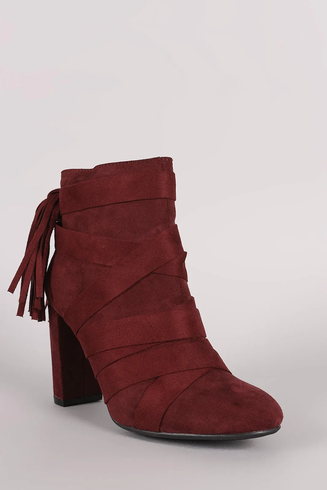 Qupid Strappy Tassel Suede Chunky Heeled Booties