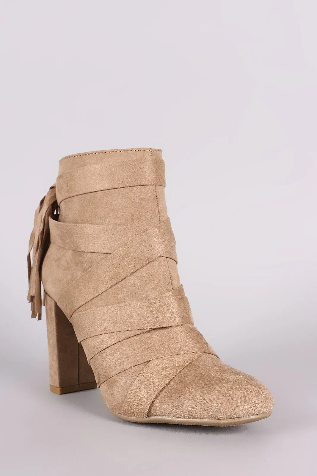 Qupid Strappy Tassel Suede Chunky Heeled Booties