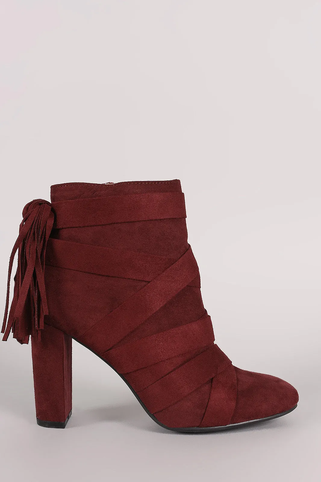 Qupid Strappy Tassel Suede Chunky Heeled Booties