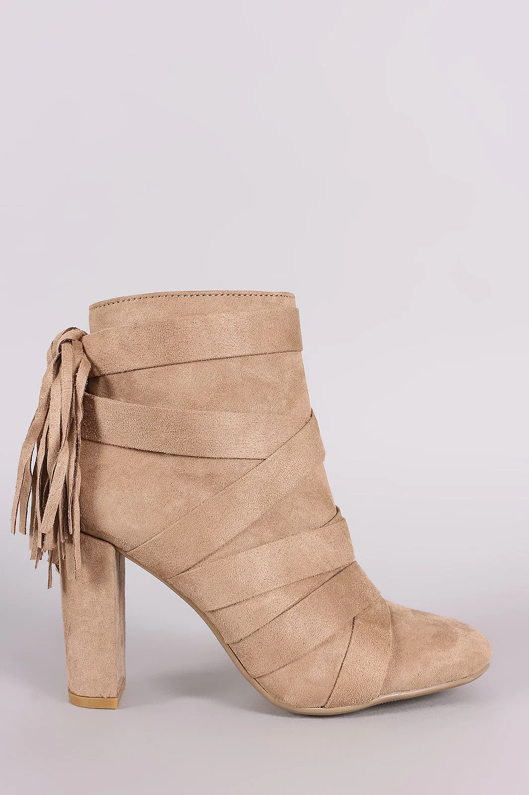 Qupid Strappy Tassel Suede Chunky Heeled Booties