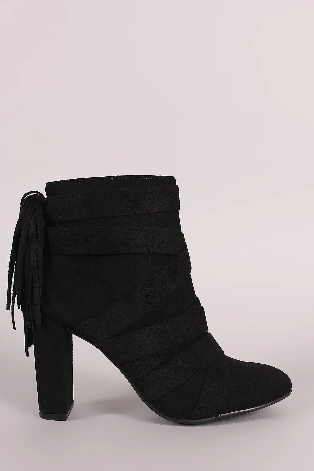 Qupid Strappy Tassel Suede Chunky Heeled Booties