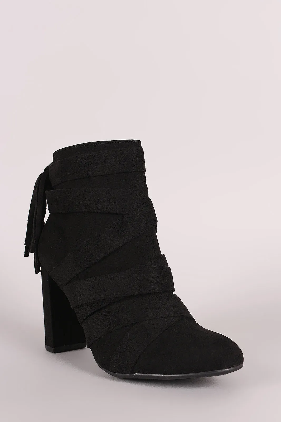 Qupid Strappy Tassel Suede Chunky Heeled Booties