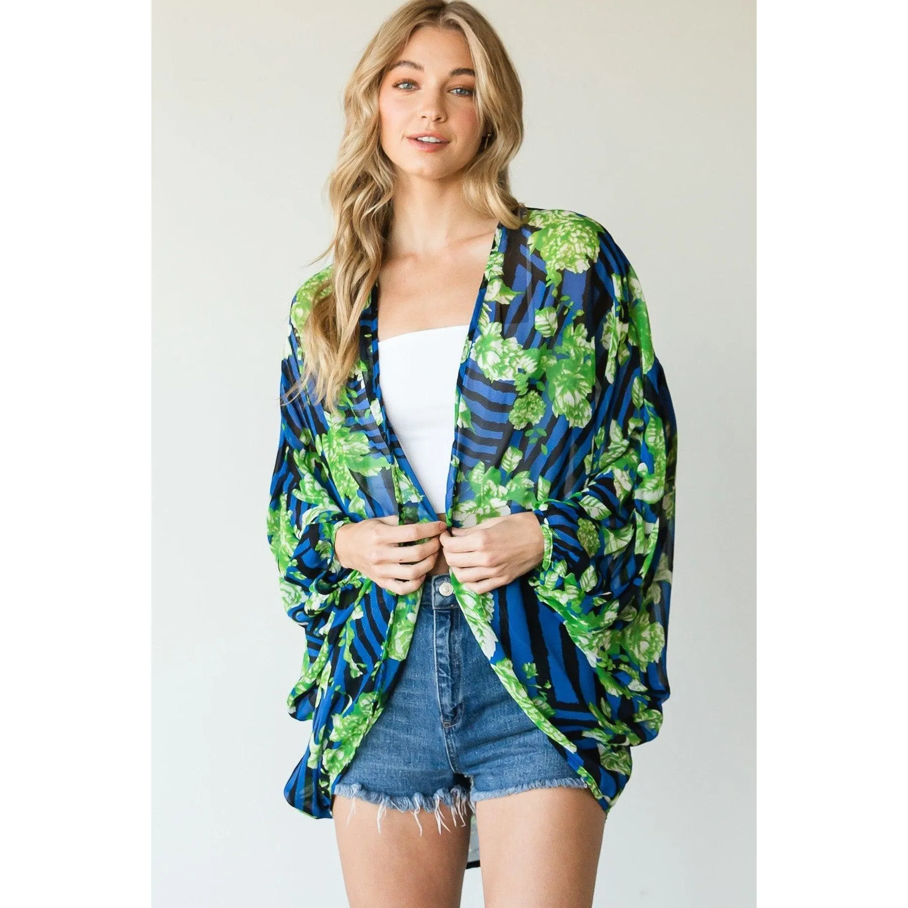 Stripes And Floral Print Lightweight Kimono