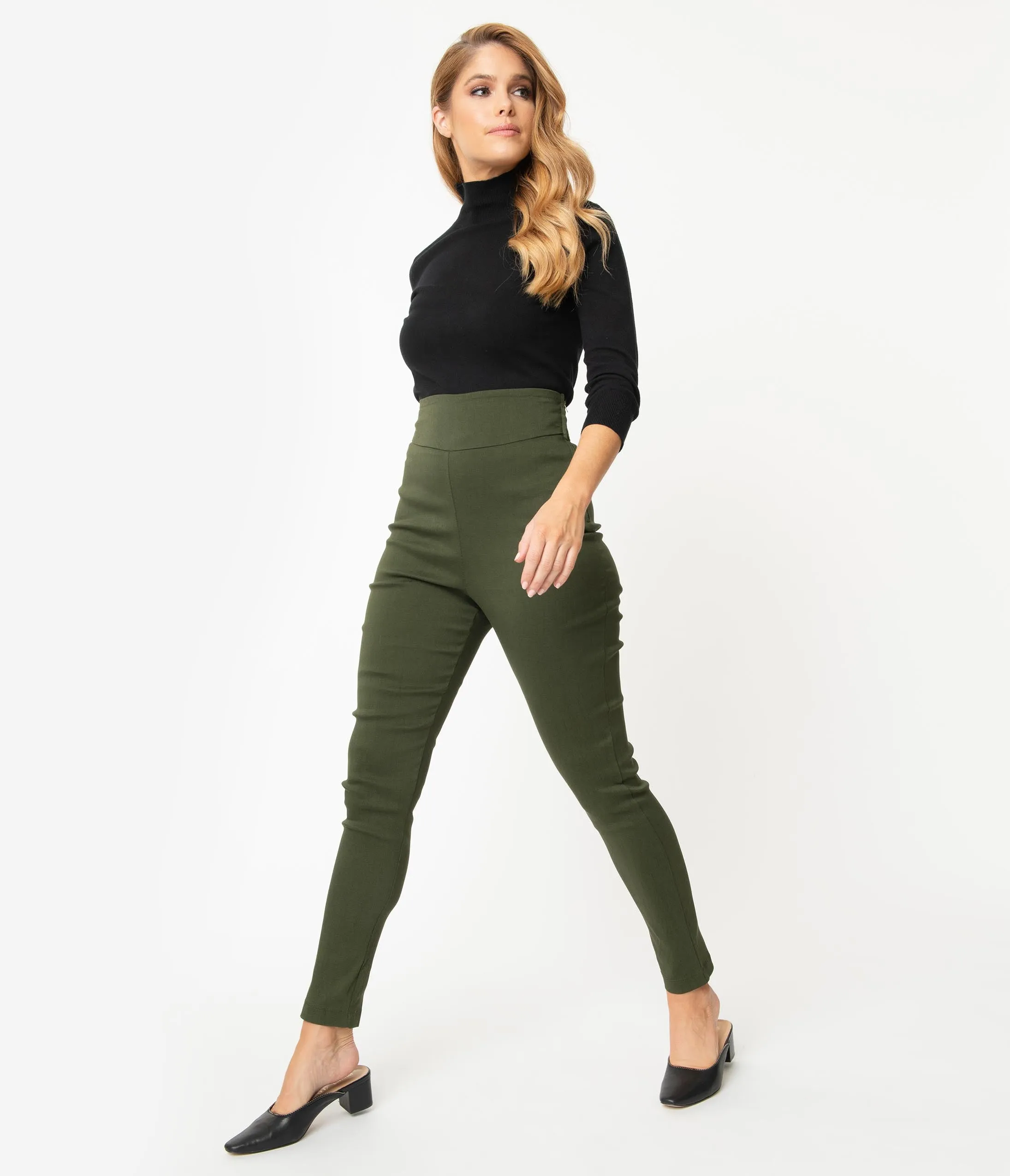 Unique Vintage Army Green Stretch High Waist Rizzo Cigarette Pants