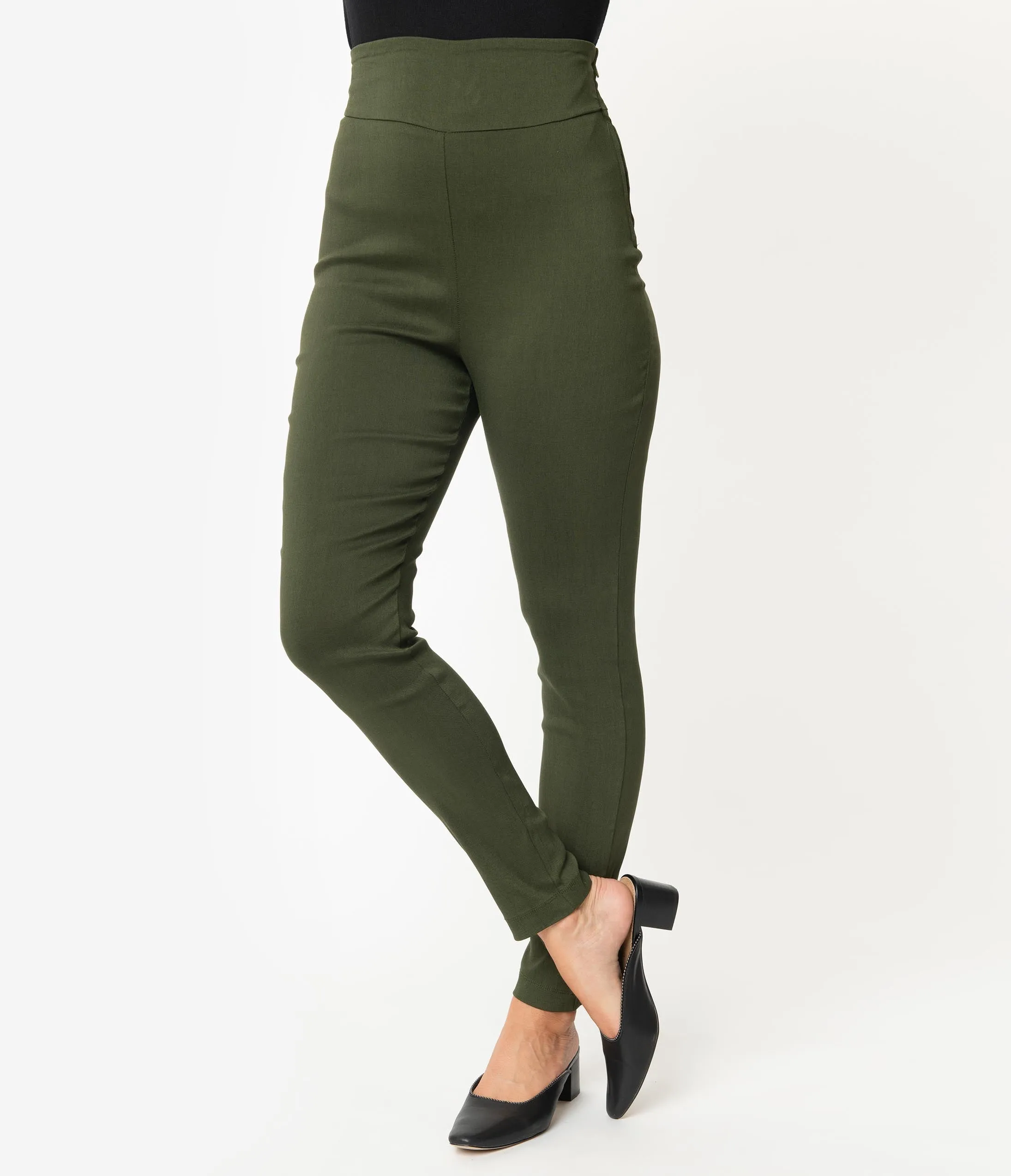 Unique Vintage Army Green Stretch High Waist Rizzo Cigarette Pants