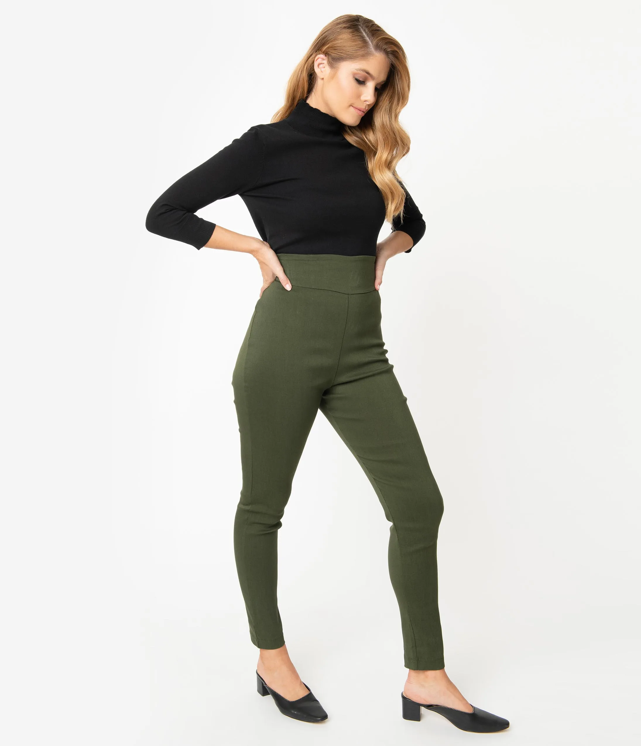 Unique Vintage Army Green Stretch High Waist Rizzo Cigarette Pants