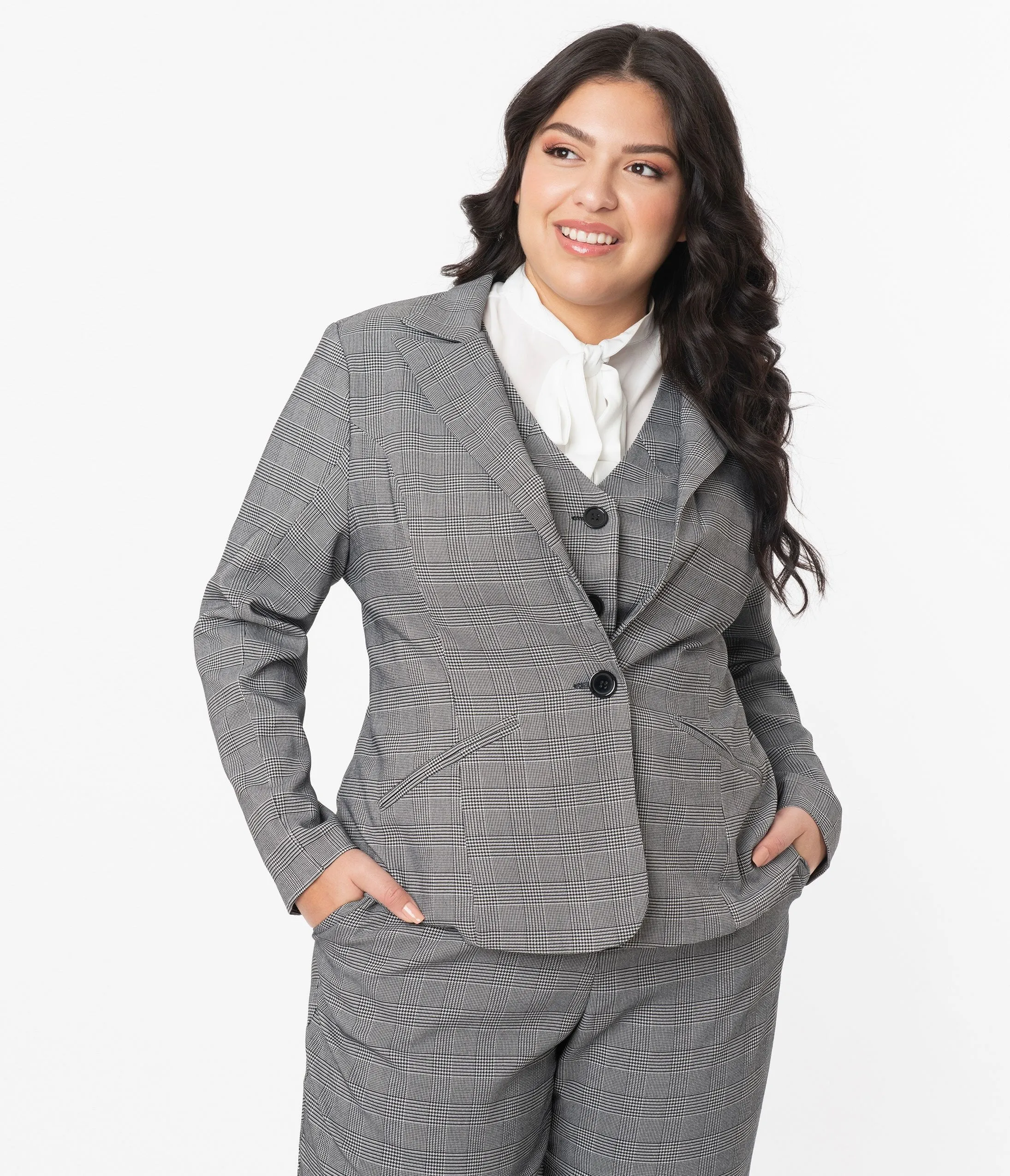 Unique Vintage Plus Size Grey Glen Check Jagger Suit Jacket