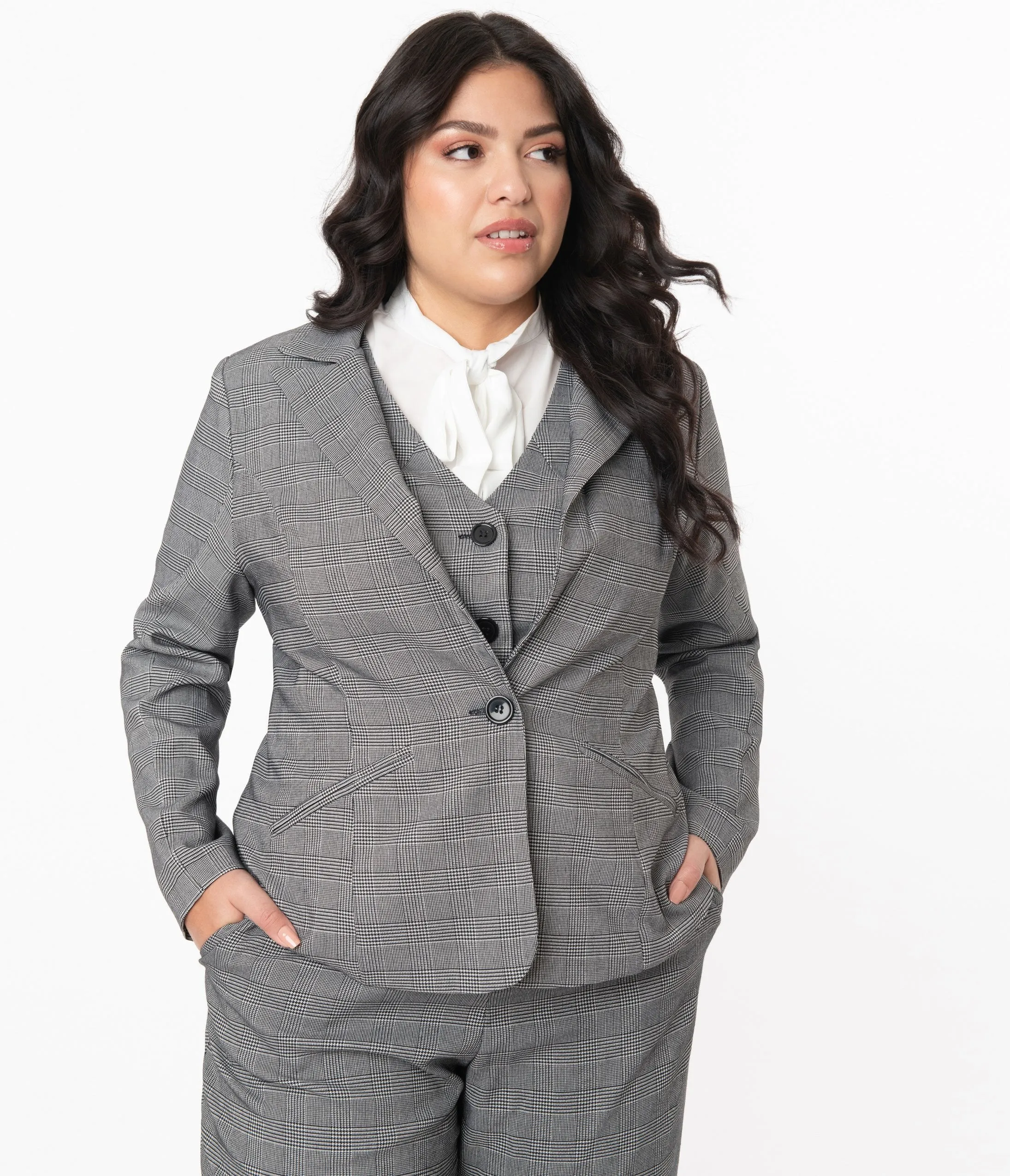 Unique Vintage Plus Size Grey Glen Check Jagger Suit Jacket