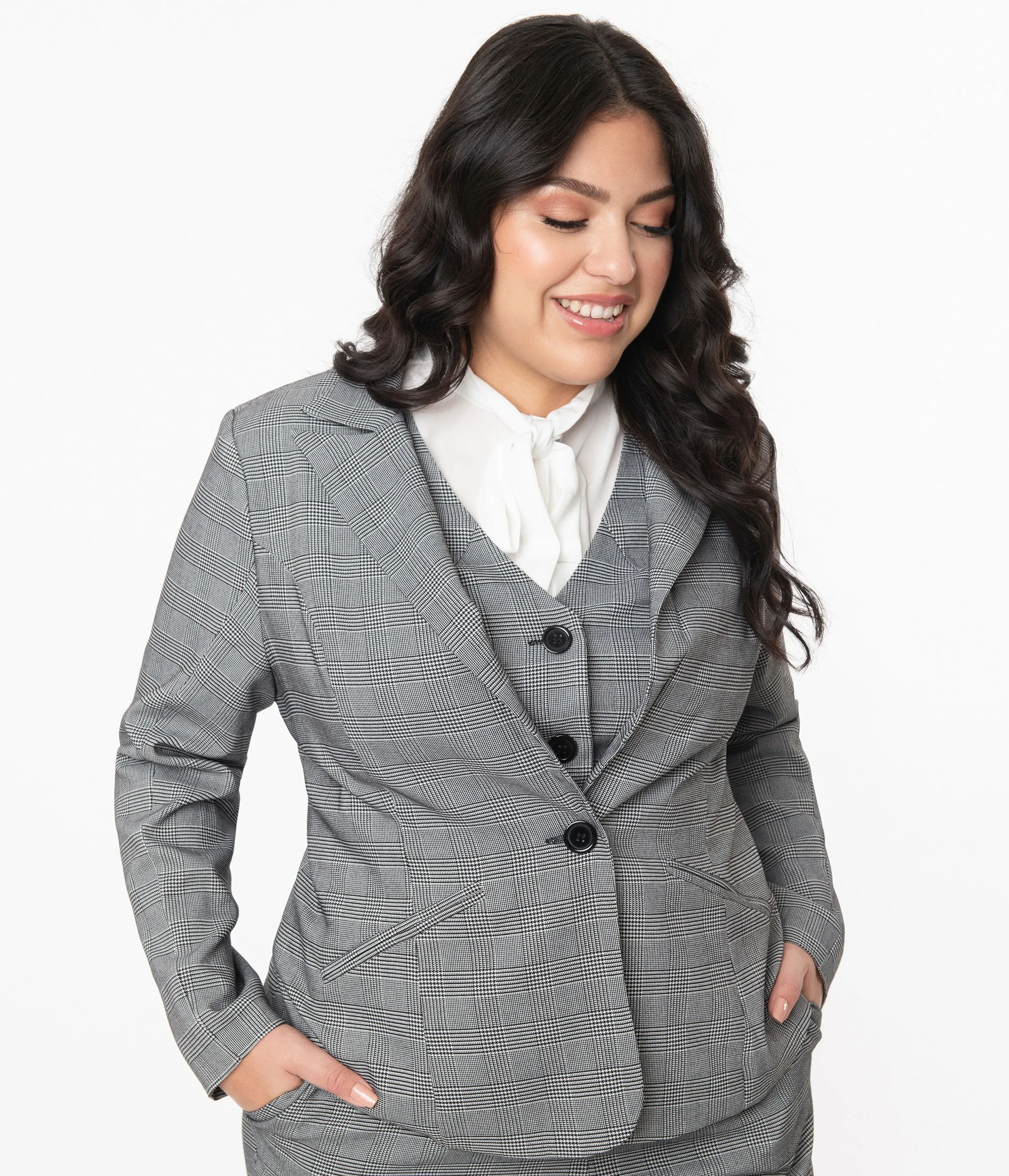 Unique Vintage Plus Size Grey Glen Check Jagger Suit Jacket