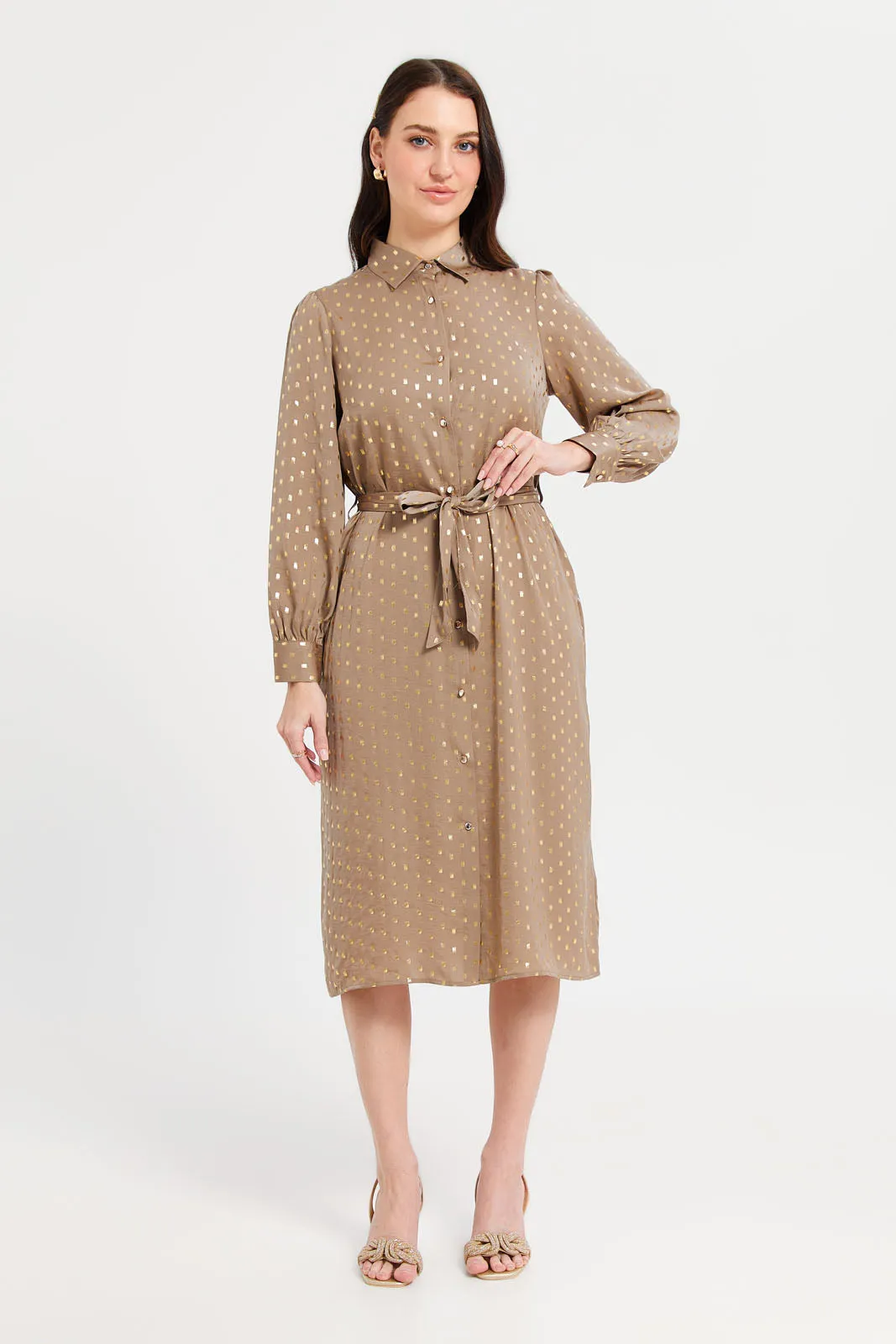 Women Beige Embellished Shirt Dress