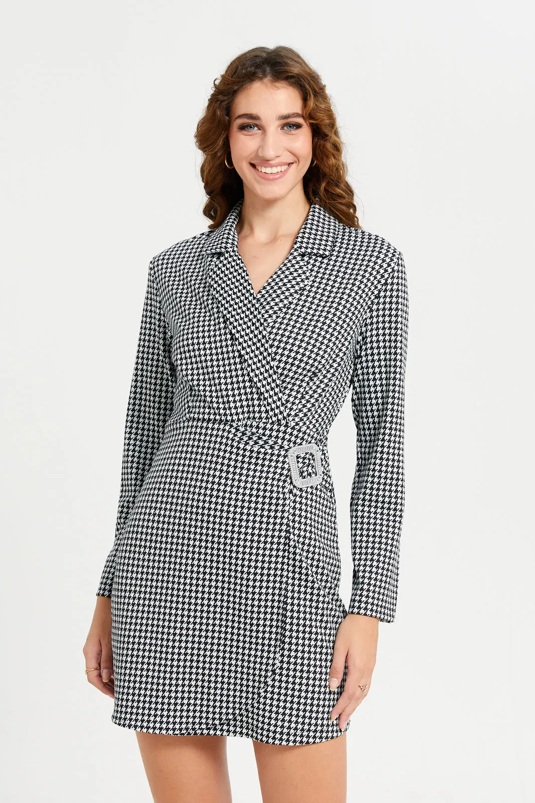 Women Black And White Checked Wrap Buckle Dress