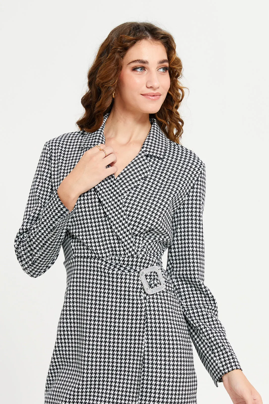 Women Black And White Checked Wrap Buckle Dress