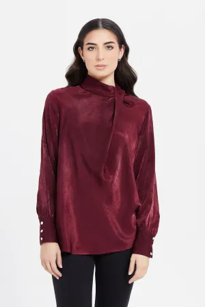 Women Burgundy High Neck Suede Blouse