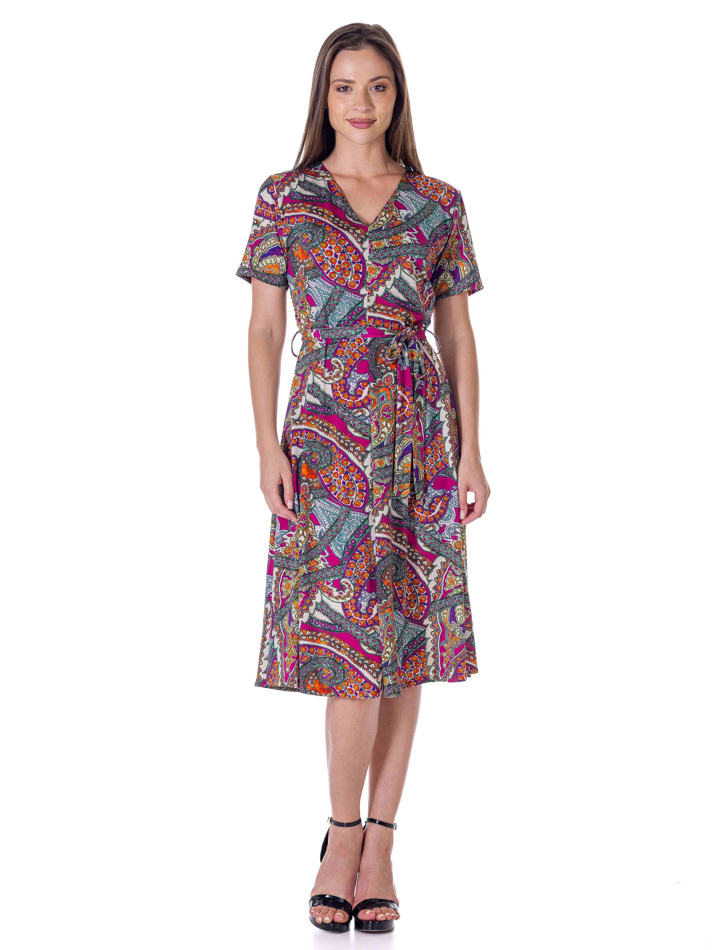 Womens Pink Paisley Short Sleeve Tie Waist Midi Dress